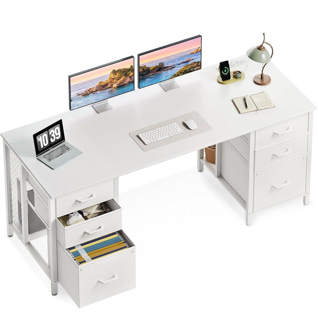 ODK 63 inch Office Desk with 6 Fabric Drawers & File Cabinets, Work from Home Computer Desk with Hidden Storage Stand, White