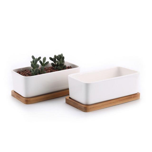 T4U 6.5 Inch Ceramic White Rectangle Sucuulent Plant Pot/Cactus Plant Pot With Bamboo Tray Package 1 Pack of 2
