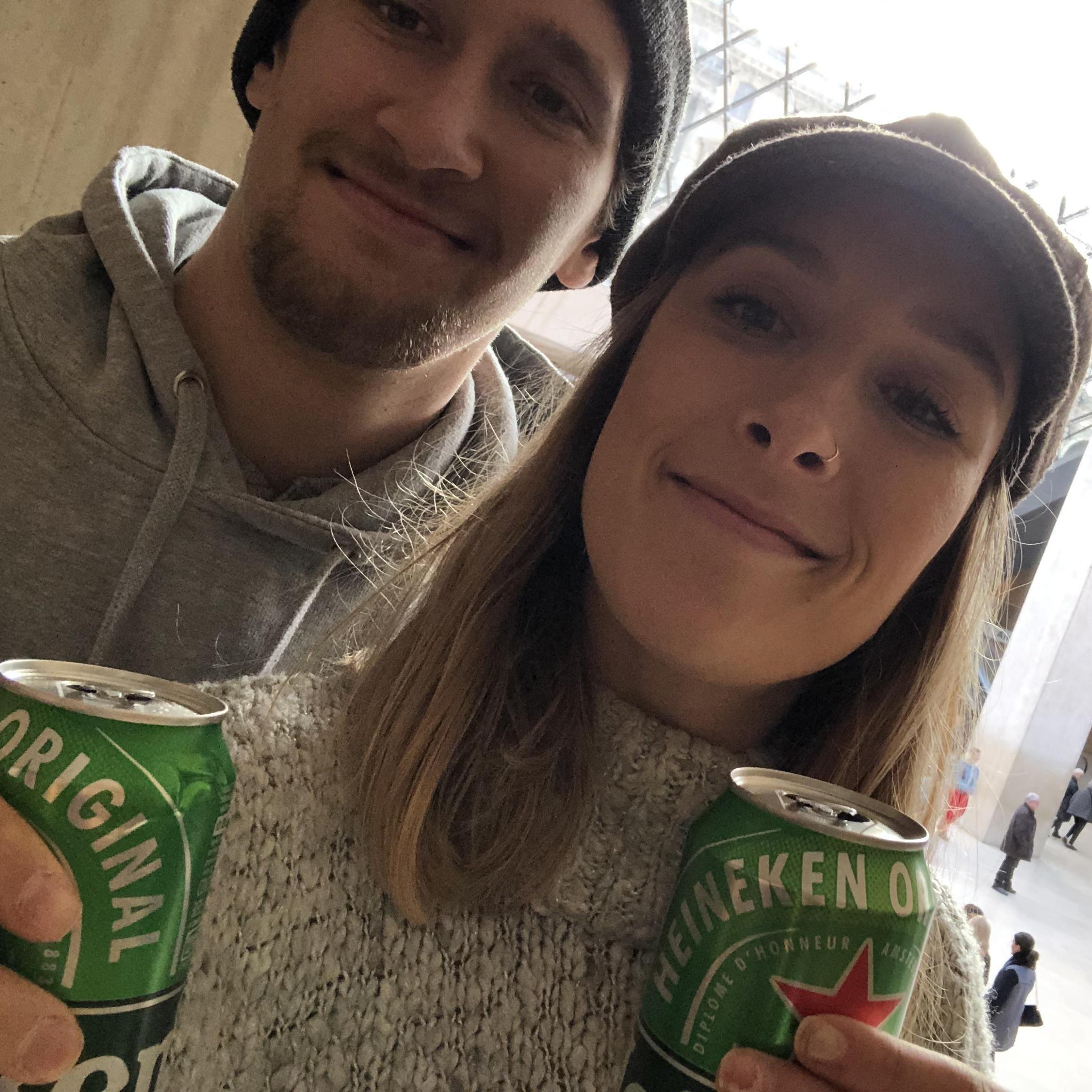 Enjoying a Heineken at the Louvre