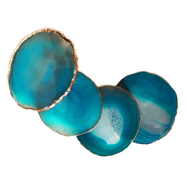 Moon&Decor Sliced Agate Coasters (Crystal) | Geode Coasters - Set of 4 - for Drinks Home Decoration and Gifts - 100% Natural with Golden Rims (Blue)