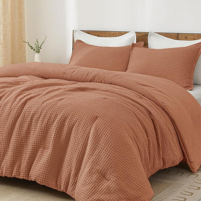 PHF Ultra Soft Waffle Weave Comforter Set King Size, 3 Pieces Lightweight Breathable Comfy Bedding Set, Comfy Textured 1 Comforter with 2 Pillow Shams, Terra Cotta