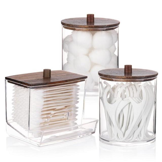 Tbestmax Qtips Dispenser Bathroom Container, 10/12 oz Big Cotton Ball Holder, Apothecary Jar Organizer for Storage Cotton Swab, Cotton Round Pads, Floss Picks (Black Wood Lids)