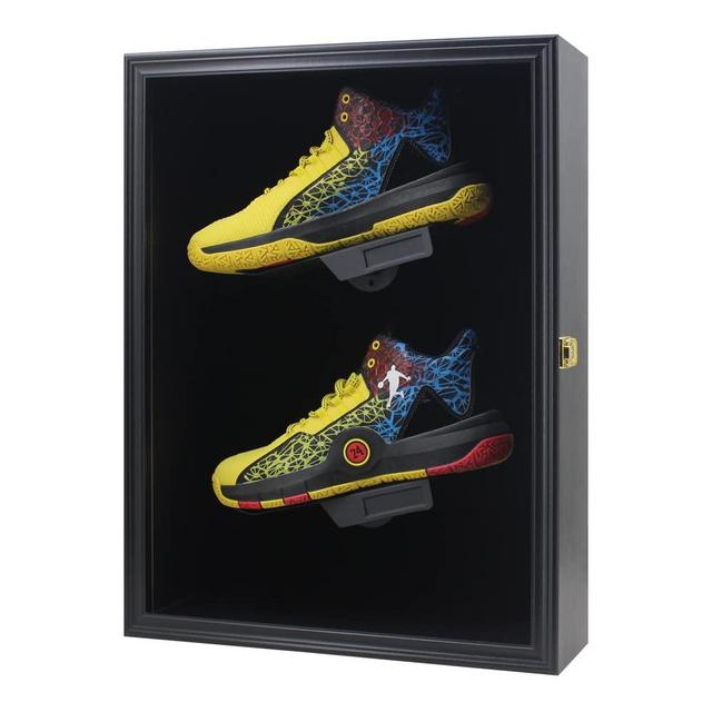 Memorabilia Sports Shoes Display Frame Case Lockable Wall Mount Wooden Cleat Sneaker Cabinet Storage Shelves Box for Football Basketball Sports Shoes Display with Anti-Fade UV Protection Acrylic Door