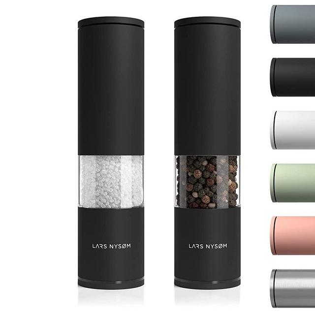 LARS NYSØM Salt and Pepper Mills Set Stainless Steel with Adjustable Ceramic Grinder 2 pieces I Design Spice Mills Set Manual (Set of 2, Onyx Black)