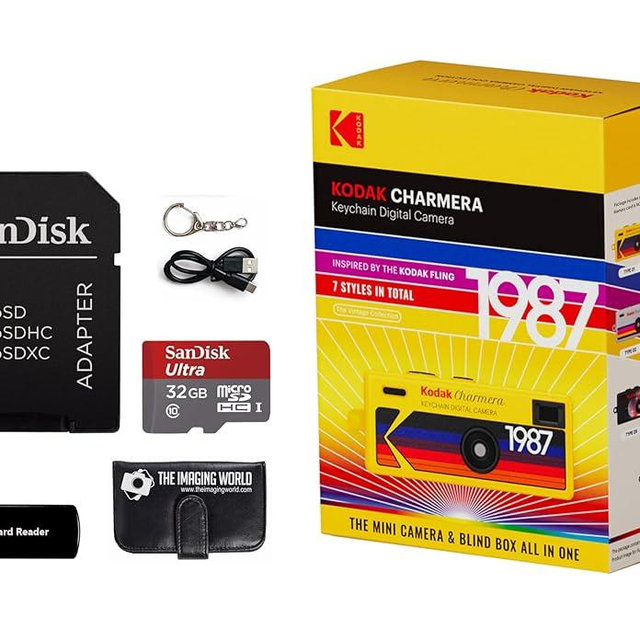 Kodak Charmera Key Chain Digital Camera (Random Style Blind Box) with 32 GB Micro SDHC Card and Reader, Memory Card Wallet Bundle