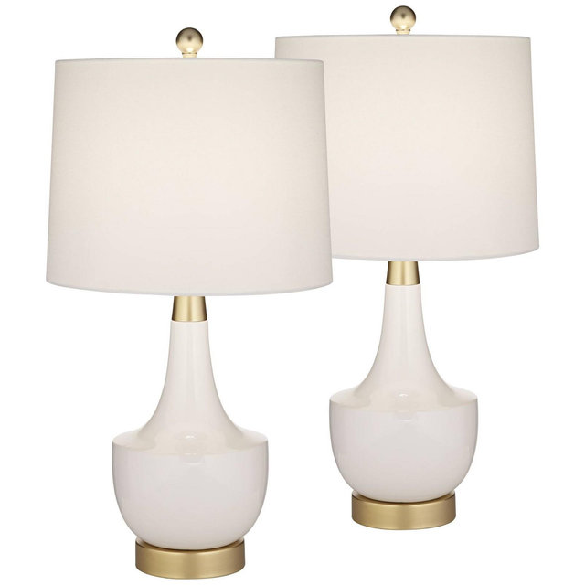 360 Lighting Nesbit 25" High Mid Century Modern Table Lamps Set of 2 USB Port White Gold Ceramic Metal Living Room Charging Bedroom Bedside Nightstand