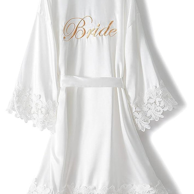 UrHot Women's Bride Bridesmaid Robe with Lace Trim Wedding Party Kimono Robes Soft Satin Bathrobe Getting Ready