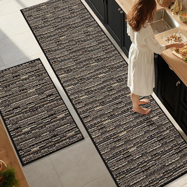 Kitchen Rugs Sets of 2-Non Slip Kitchen Mats for Floor-Thick Stain Resistant Vintage Kitchen Floor Mat Runner Carpet for Hallways Entryway Laundry Room Washable（Black 24"x79"+24"x35"）