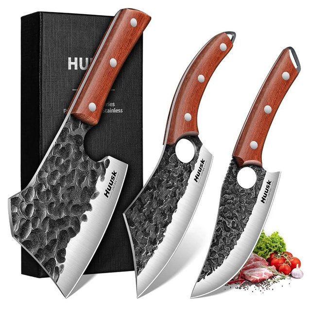 Huusk Butcher Knife Set of 3 - Full Tang Meat Cleaver Knife Set for Meat Processing, Hand Forged Viking Knives Sets with Bone Axe, Heavy-Duty Kitchen Knives Sets for Outdoor BBQ Cooking, Gifts for Men