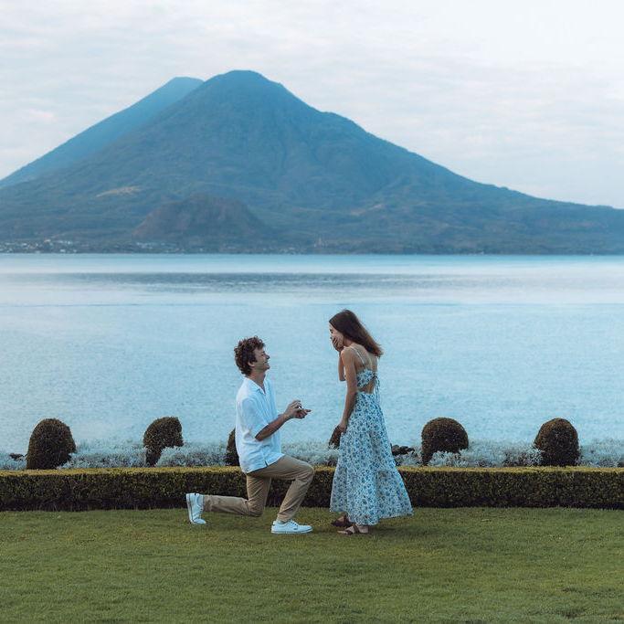 The proposal in Lake Atitlan Guatemala during sunrise