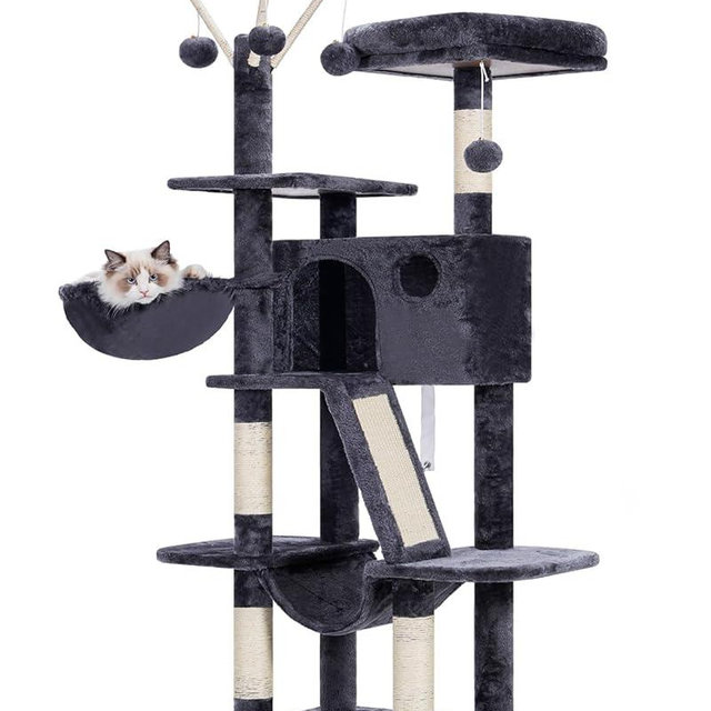 Hey-brother Cat Tree, 53 inch Cat Tower for Indoor Cats, Cat House with Padded Platform Bed, Toy Balls, Large Cozy Condo, Hammocks and Sisal Scratching Posts, Smoky Gray MPJ019-SG