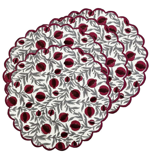 Ridhi Sangria Red Bo-ho Round Place Mat Double Layer Floral Cotton Washable Placemats 15" Round Embroidery Block Print Table Mat Pack of 4-15 Inch Round
