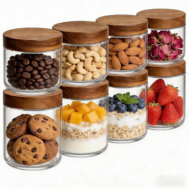 Bumobum 16oz+8oz Overnight Oats Containers with Lids, Glass Mason Jars with Acacia Wood Airtight Lid, Wide Mouth Glass Canisters for Food Storage Chia Pudding Snacks Yogurt Spice Meal Prep, 8-Pack