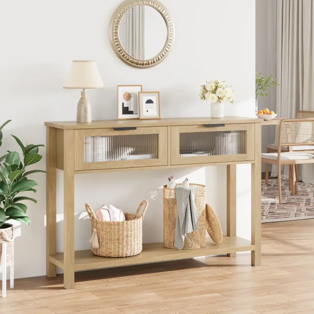 43 Inch Entryway Table, Wood Console Table with 2 Glass Drawers, 2 Tier Sofa Table with Storage for Living Room, Foyer Tables for Entryway-Burlywood