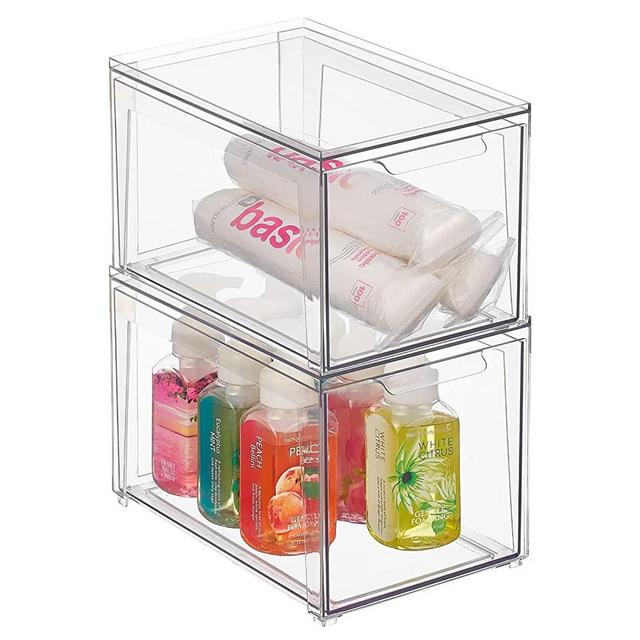 mDesign Plastic Stackable Bathroom Storage with Pull Out Bin Organizer Drawer for Cabinet, Vanity, Shelf, Cupboard, Cabinet, or Closet Organization - Lumiere Collection - 2 Pack - Clear