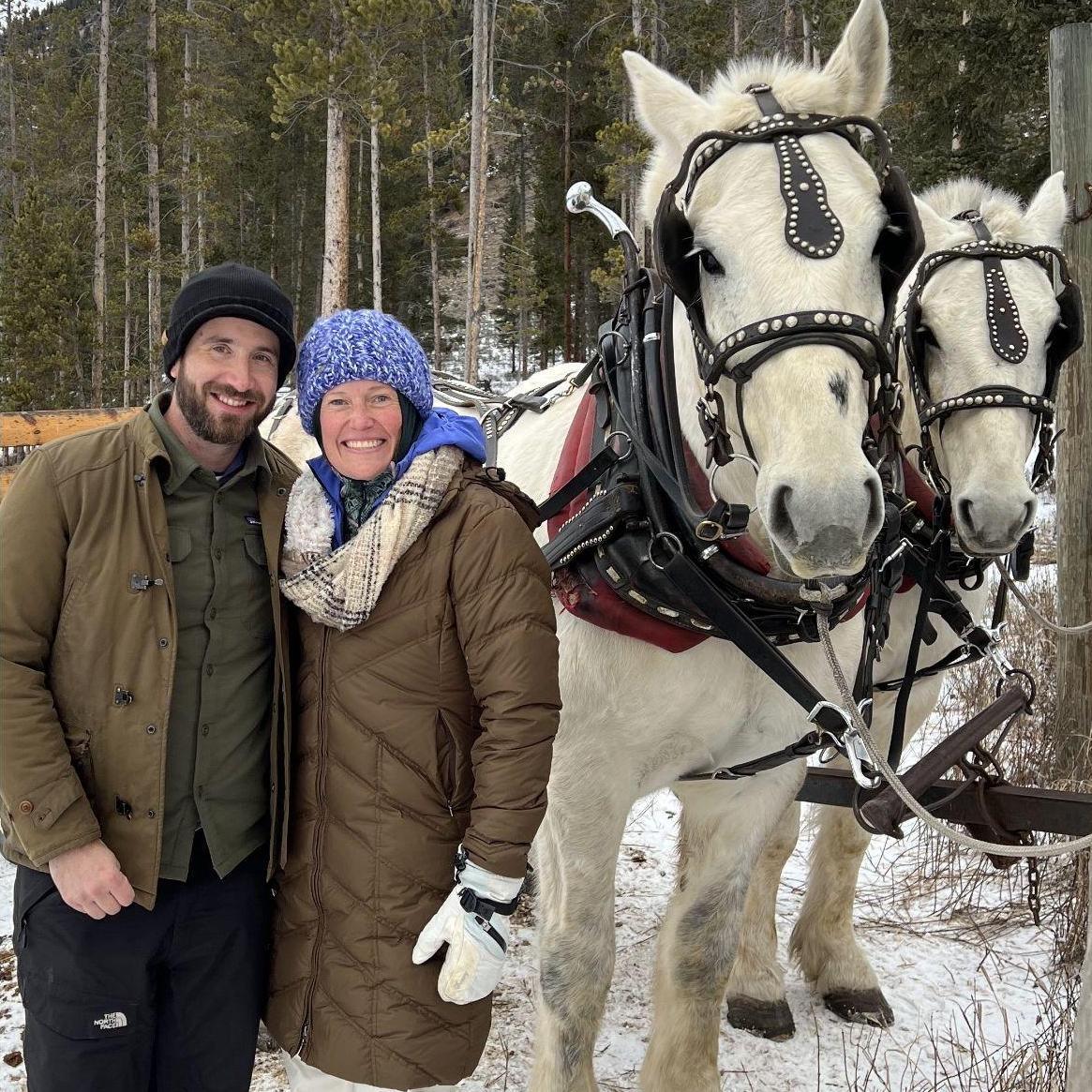 Steve proposed during horse drawn sleigh ride on family ski trip to Big Sky!