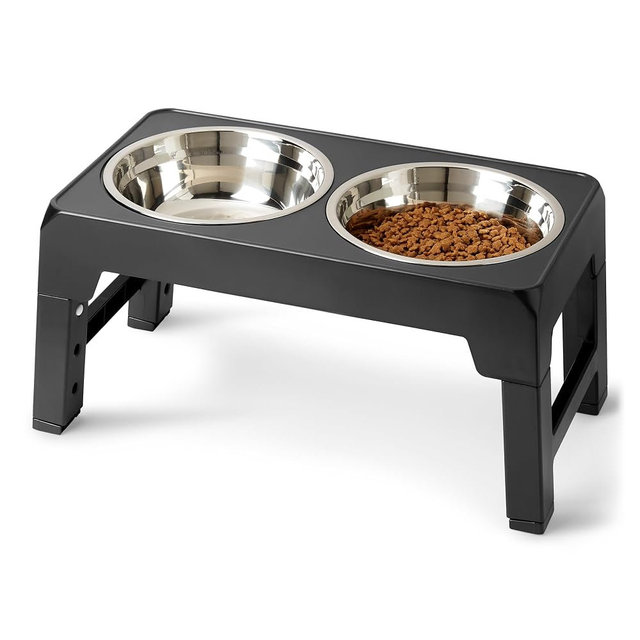 Amazon Basics Elevated Dog Bowls Stand, Height Adjustable Raised Pet Feeder Dish Station with Non-Slip Base, Stainless Steel Bowls, 17.3 x 9.4 x 12 in, Black