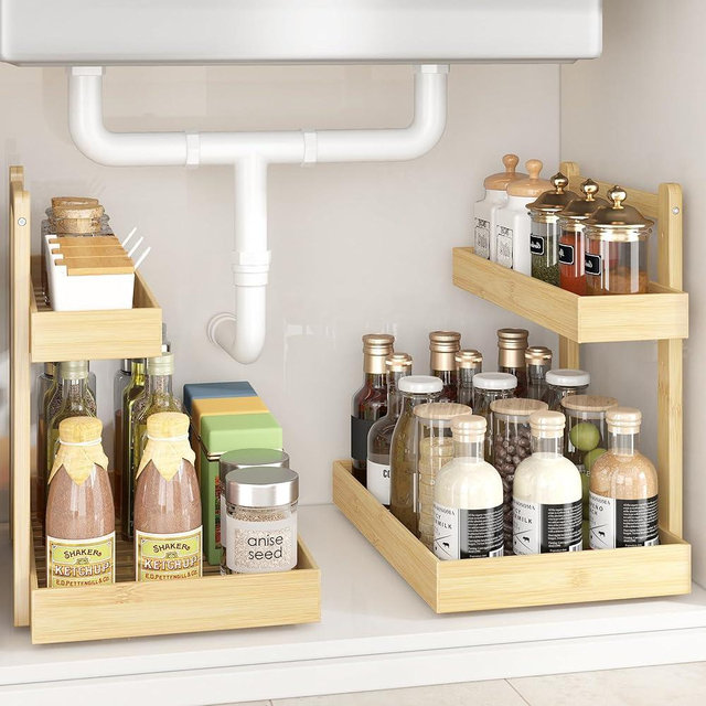 Wisuce Home Under Sink Organizer - 2-Tier Pull Out Cabinet Organizer Vertical Slide Out Sink Shelf Storage Shelves for Multi-Purpose Bath Kitchen Bathroom Medicine (Nature, 2 Packs)