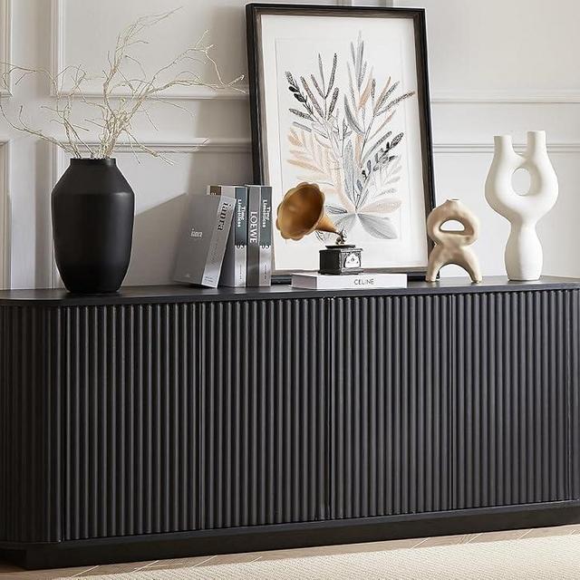LKTART 64" Sideboard Buffet Cabinet with Storage, Wooden Fluted Storage Cabinet Sideboard Cabinet Console Cabinet with Adjustable Shelves Pressed Spring for Kitchen Living Room (Black)