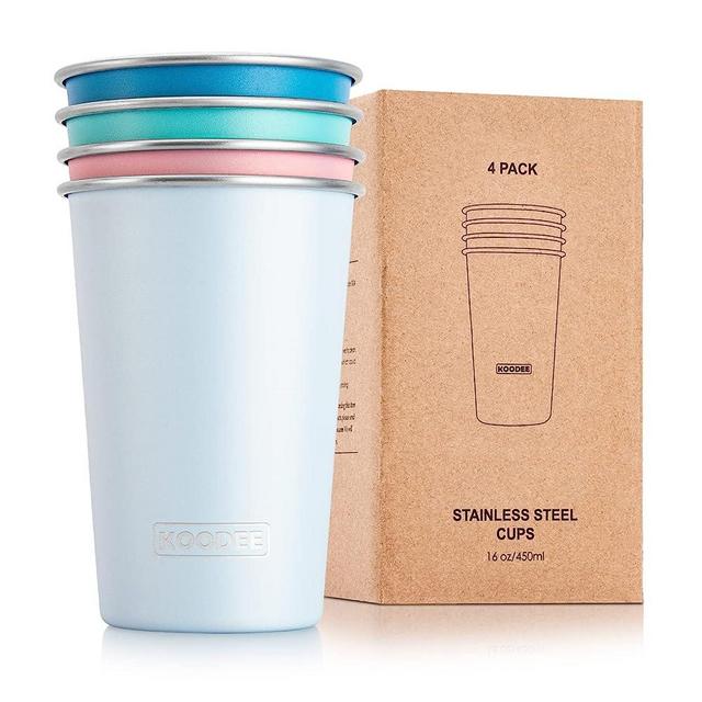 koodee Stainless Steel Cups(4 Pack) 16 oz Pint Tumbler Stackable Metal Drinking Glasses for Camping, Outdoors（Sky Blue-Baby Blue-Pink-Teal）