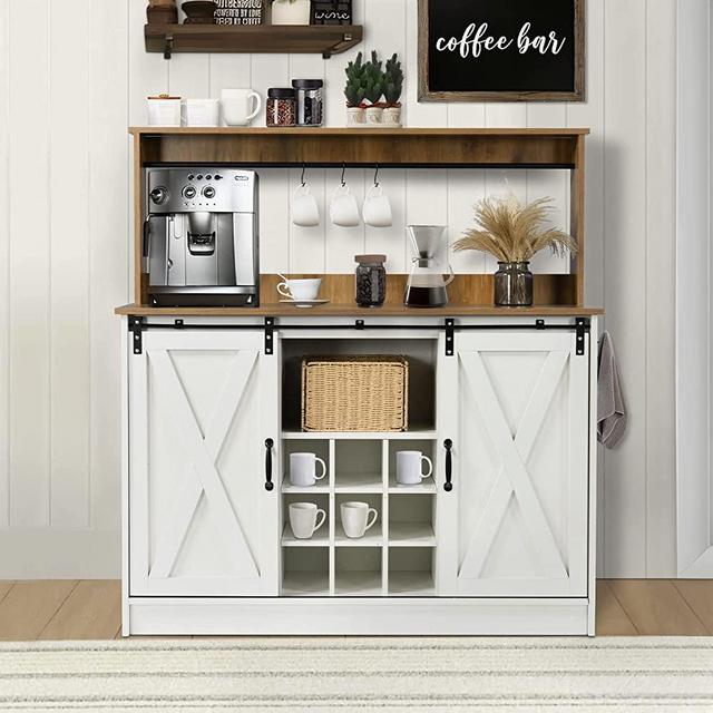 Farmhouse Coffee Bar Cabinet with 6 Hooks, 47’’ Kitchen Buffet Storage Cabinet with Sliding Barn Door, Sideboard Buffet Cabinet Wine Bar Cabinet with Adjustable Shelf for Dining Living Room, White