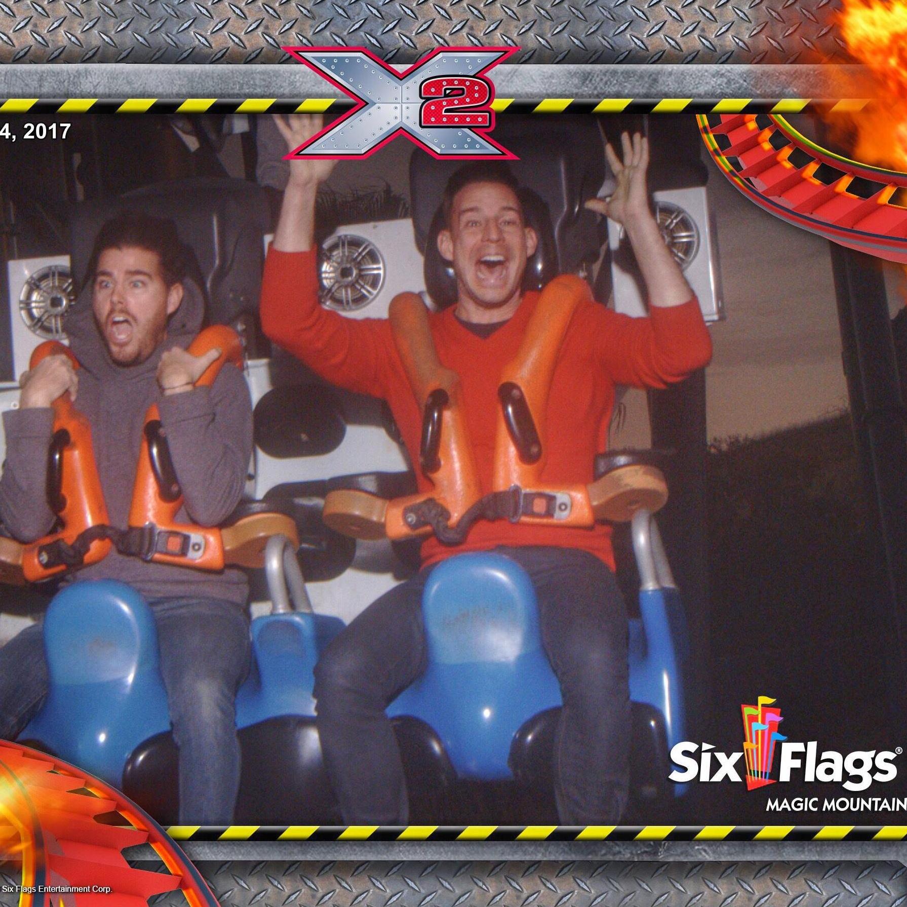 Riding one of our favorite roller coasters, X2 at Six Flags Magic Mountain.