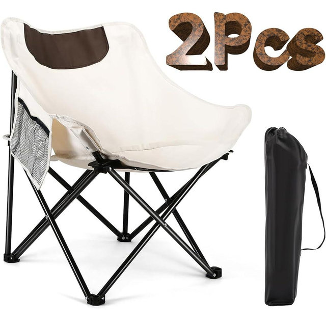 VIC 2Pcs Folding Moon Chair, Portable Lightweight Camping Chair with Side Pocket, Foldable Backpacking Chair Ultra Durable for Outdoor Hiking Beach Travel with Carrying Bag, Supports up to 300LBS