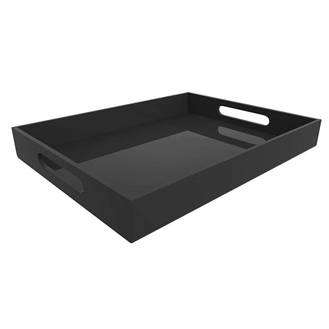NIUBEE Acrylic Serving Tray 12x16 Inches -Spill Proof- Decorative Tray Organiser for Ottoman Coffee Table Countertop with Handles - Black