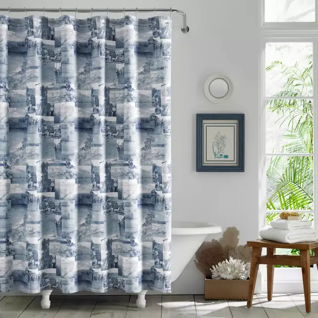 Wish You Were Here Chambray Blue Shower Curtain