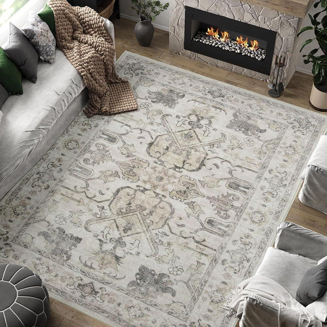 jinchan 8x10 Area Rugs for Living Room Washable Soft Throw Rug Ultra-Thin Stain Resistant Non-Slip Distressed Vintage Floral Large Carpet for Bedroom,Dining Room,Home Office,Nursery (8x10ft,Taupe)