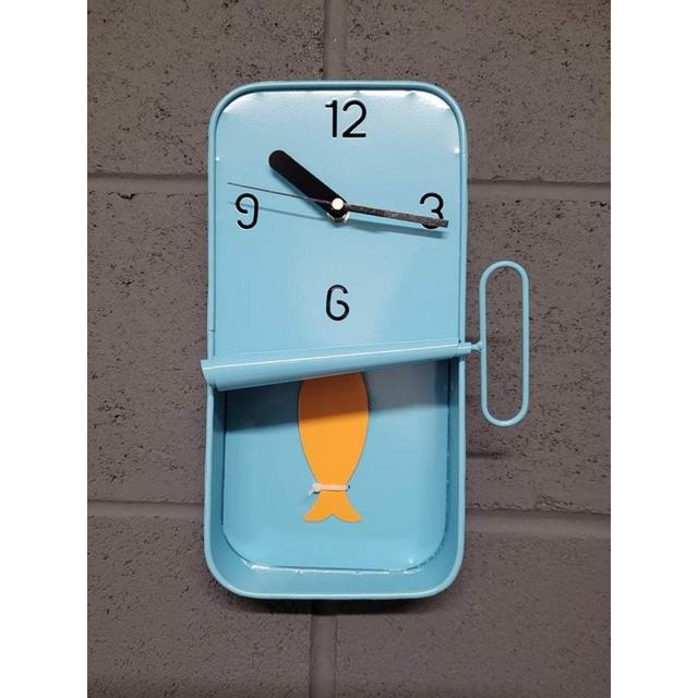 Industrial Blue Metal Sardine Tin Pendulum Wall Clock Fish Themed Wall Decorative Accessory