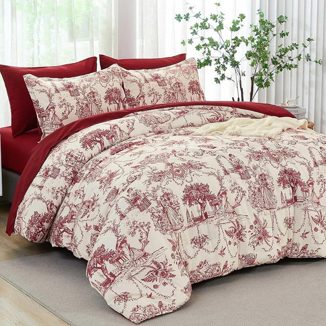 Red Comforter Set Queen 7 Piece Bed in a Bag Toile de Jouy Botanical Comforter with Sheet Set Soft Micorfiber Bedding Set (1 Comforter,2 Pillow Shams,1 Flat Sheet,1 Fitted Sheet,2 Pillowcases)