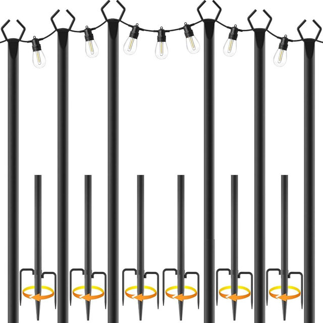 10Ft String Light Poles 6 Pack,Light Poles for Outside Lights,Outdoor with Fence Brackets Hanging Lights,Metal Stand Deck Patio Backyard