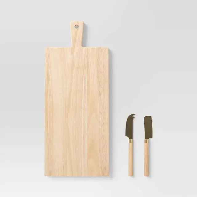 3pc 19.35"x8" Rubberwood Rectangle Serving Board with Brass Cheese Tools Brown - Threshold™