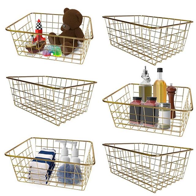 Vlish 6 Gold Wire Baskets - Pack of 6, Storage Decor Crafts, Kitchen Organizing Basket Set, Great for Home, Bathroom, Closet, Pantry Organization, Tables & Countertops, Office | Large (Gold)