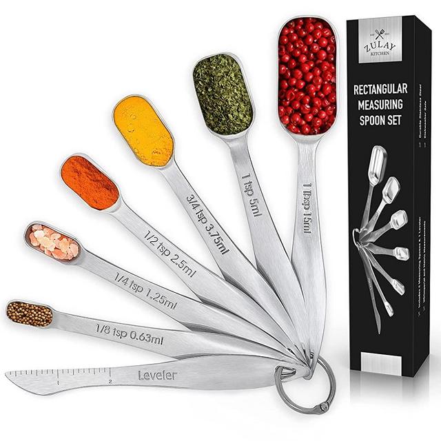 Zulay Kitchen Stainless Steel Measuring Spoons Set - Tablespoon Measure Spoon With Etched Markings & Slim Narrow Design Fits In Spice Jars - Heavy Duty 6 Piece Measuring Spoon Set With Bonus Leveler