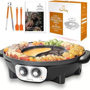 Food Party Hot Pot with Grill 2 in 1 Electric Smokeless Grill and Hotpot