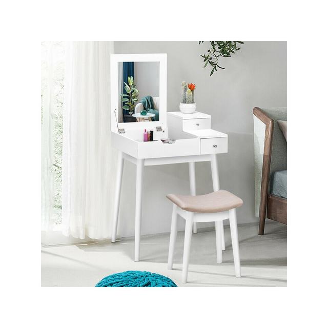 Costway Vanity Dressing Table Flip Desk Furniture Stool 2 White