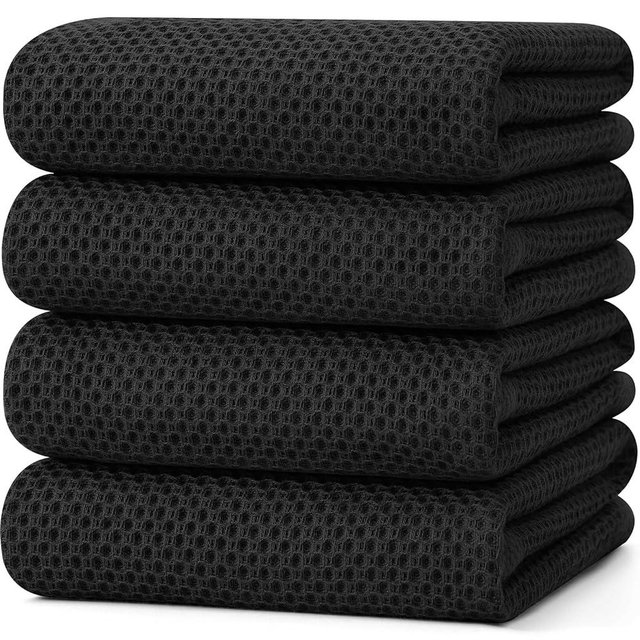 Kitinjoy 100% Cotton Waffle Weave Kitchen Towels, 4-Pack Super Soft and Absorbent Dish Towel for Drying Dishes, Kitchen Hand Towels, 20 in x 28 in, Black