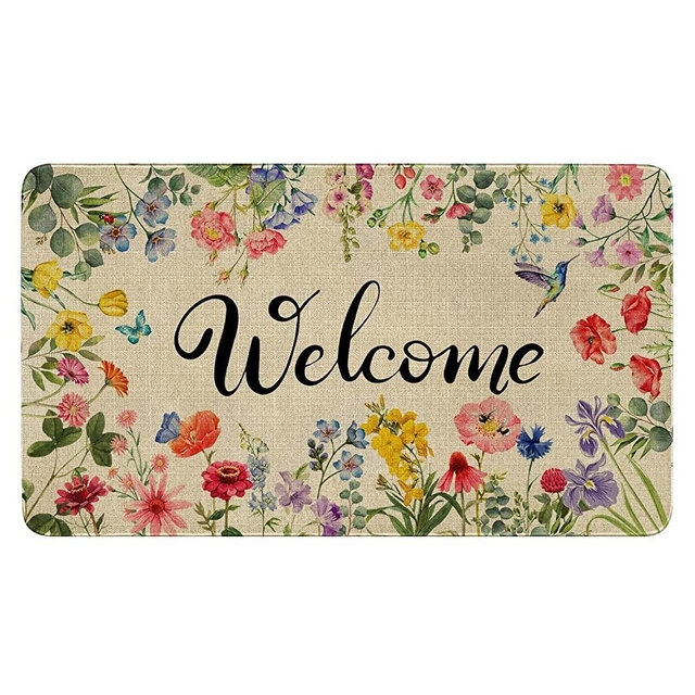 Ghroiep Spring Floral Decor Welcome Door Mat, Hello Summer Flower Home Decoration Non-Slip Indoor Outdoor Front Doormats Rug 17 x 30 Inch