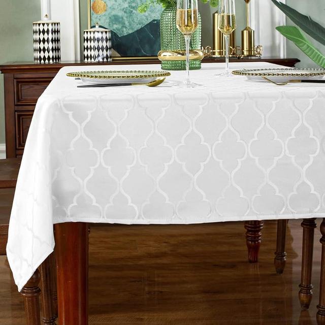 SASTYBALE Jacquard Tablecloth Flower Patterns Polyester Table Cloth Spill Proof Wrinkle Resistant Table Cover for Kitchen Dining Tabletop (White, Rectangle/Oblong, 60" x 84" (6-8 Seats))
