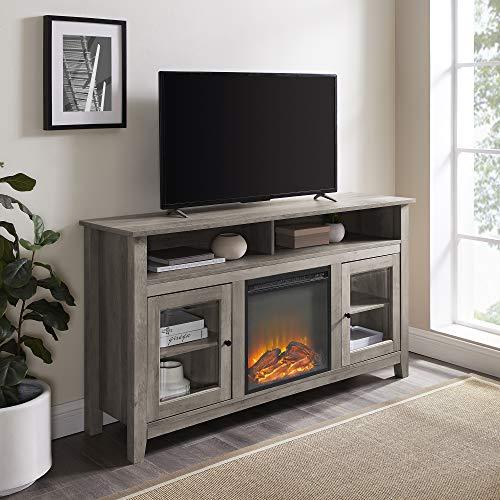 Walker Edison Furniture Company AZ58FP18HBGW Rustic Wood and Glass Tall Fireplace Stand 64" Flat Screen Universal TV Console Living Room Storage Shelves Entertainment Center, 32 Inches, Gray Wash