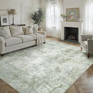 9x12 Area Rug Sage Green Abstract Living Room Bedroom Washable Carpet Neutral Modern Non Slip Soft Low Pile Indoor Large Throw Rug for Dining Room Office
