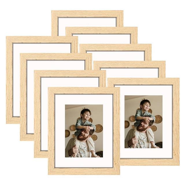 YESKAY 8x10 Picture Frame Set of 9, Display Pictures 5x7 with Mat or 8 x 10 Without Mat, Multi Photo Frames for Wall Mounting or Table Top Display, Natural Oak