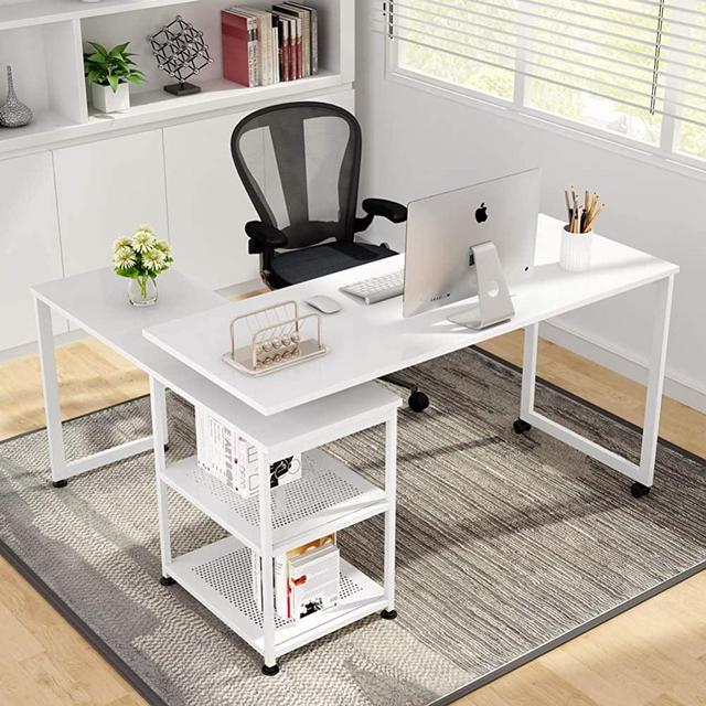 Tribesigns Reversible L-Shaped Desk, 360° Free Rotating Corner Computer Desk 55 inch Large Office Desk Modern Study Writing Table Computer Workstation with Storage Shelves for Home Office (White)