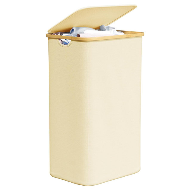29 Gallon Laundry Hamper with Lid features Bamboo Handle,Beige