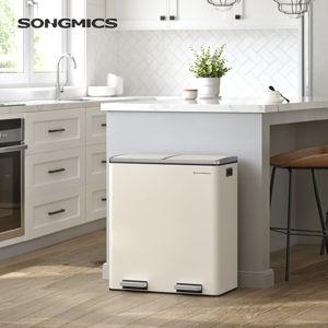 SONGMICS Trash Can, 2 x 8 Gallon (2 x 30 L) Garbage Can for Kitchen, with 15 Trash Bags, 2 Compartments, Plastic Inner Buckets and Hinged Lids, Airtight, Almond Color ULTB201A01