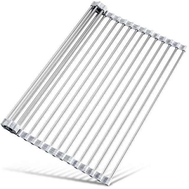 Tomorotec Stainless Steel Roll-Up Dish Drying Rack Marble Color Silicone Edges, Foldable Kitchen Rack Heat Resistant Trivet Supports up to 70 lbs, Food Safe for Dishes, Cookware & More