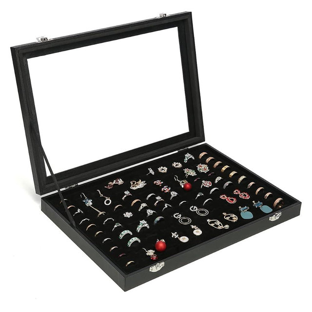 GISK 100 Slots Ring Display Case with Transparent Lid Ring Storage Box Ring Holder Case For Store Display Home Jewelry Display Ring Organizer Earring Holder Display Tray