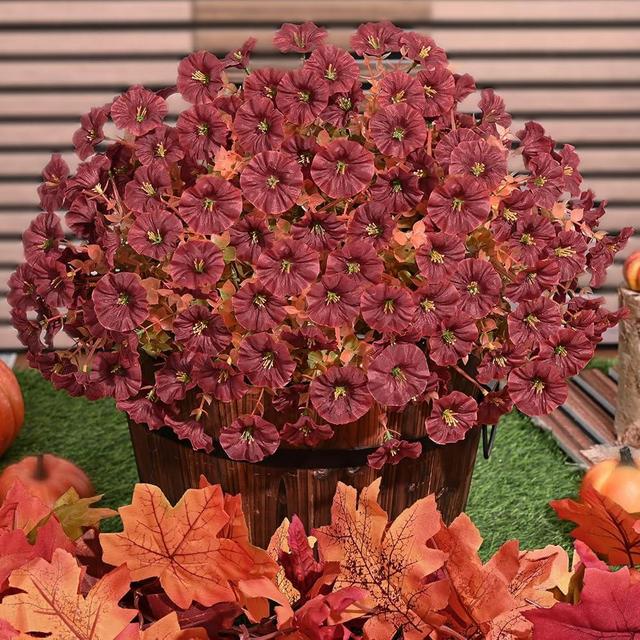 Yastouay Artificial Mums for Outdoors, 14 Bundles Faux Mums for Outdoor Planters, UV Resistant Fake Outdoor Plants, No Fade Brown Artificial Fall Flowers for Outdoors Porch Garden Fall Home Decor